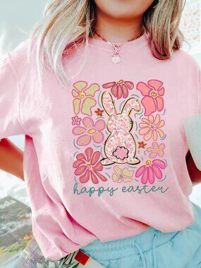 Happy Easter Bunny T-shirt, Retro Easter Shirt, Floral Easter Rabbit Gift Tee